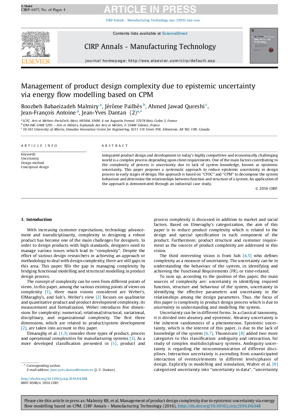 Management of product design complexity due to epistemic uncertainty via energy flow modelling based on CPM