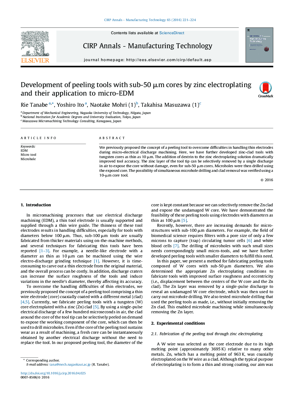 Development of peeling tools with sub-50Â Î¼m cores by zinc electroplating and their application to micro-EDM