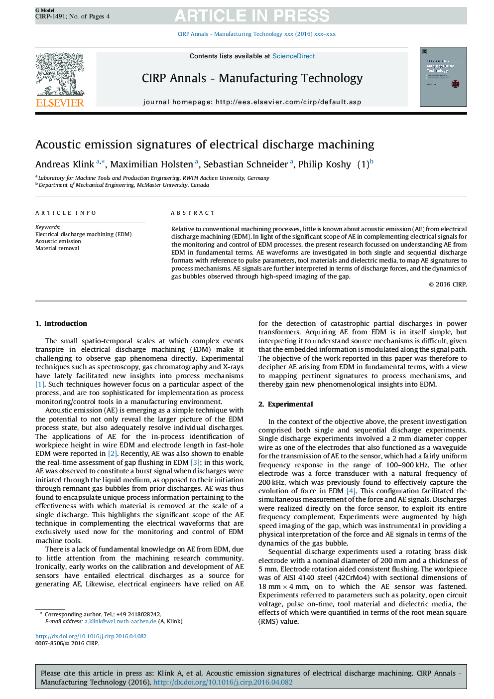 Acoustic emission signatures of electrical discharge machining