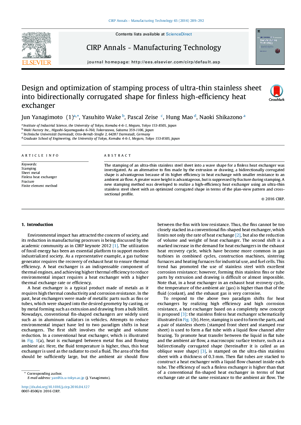 Design and optimization of stamping process of ultra-thin stainless sheet into bidirectionally corrugated shape for finless high-efficiency heat exchanger