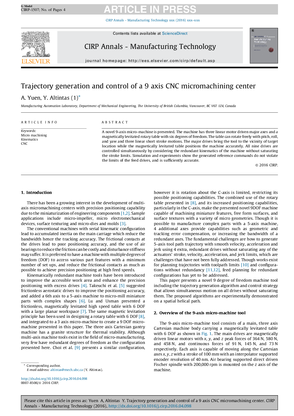 Trajectory generation and control of a 9 axis CNC micromachining center