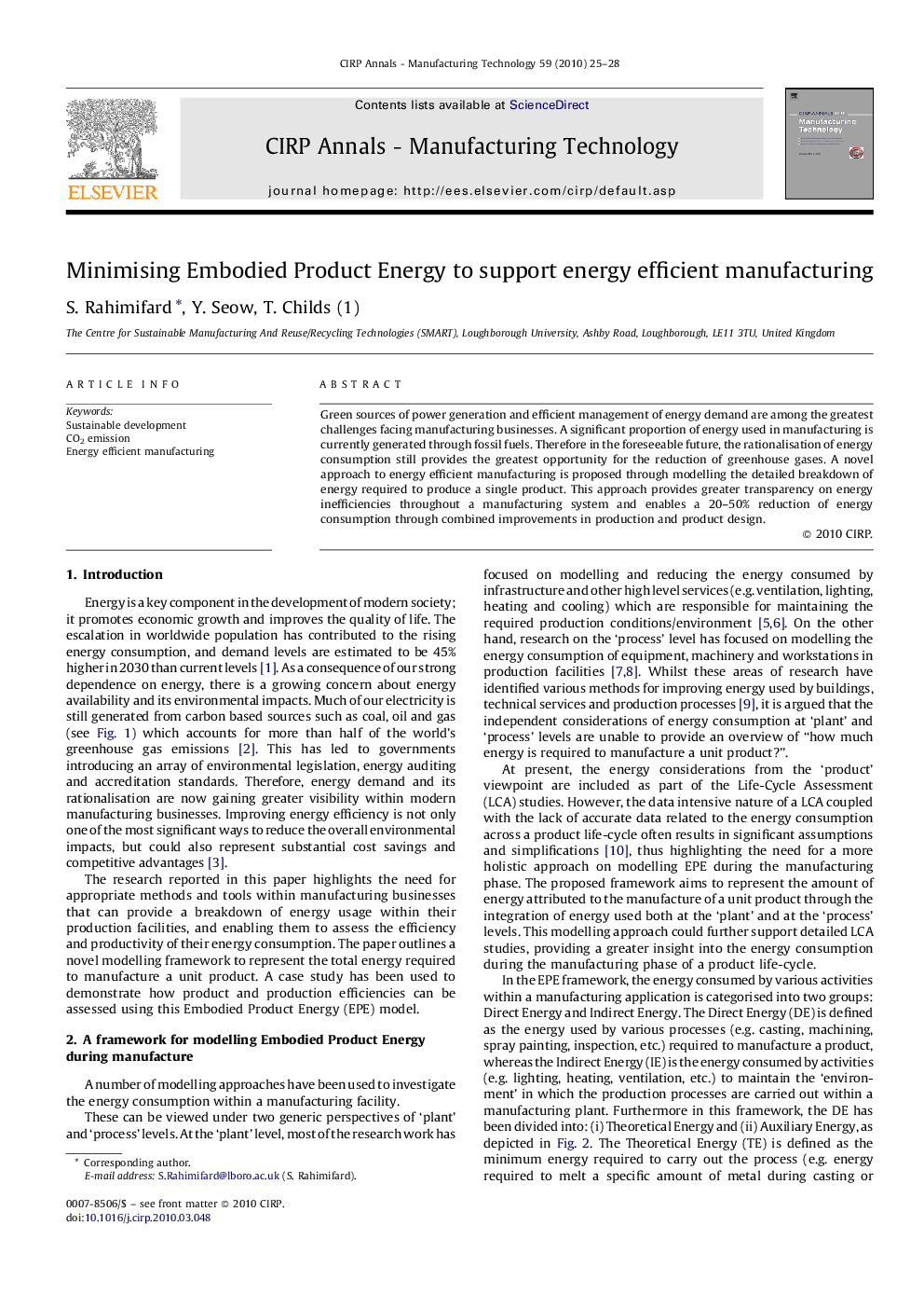 Minimising Embodied Product Energy to support energy efficient manufacturing