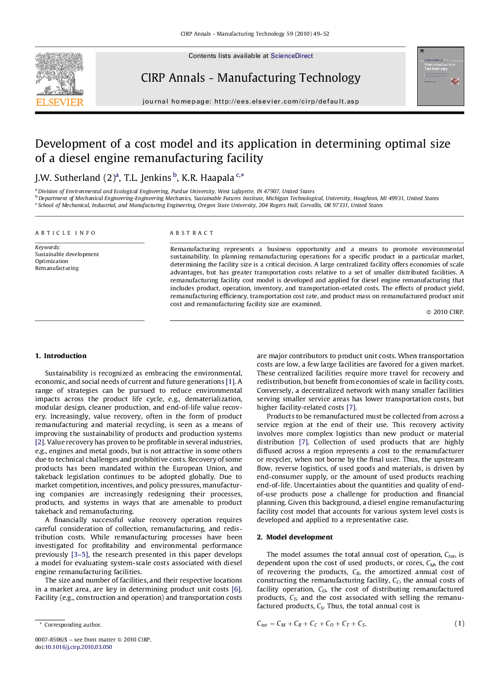 Development of a cost model and its application in determining optimal size of a diesel engine remanufacturing facility