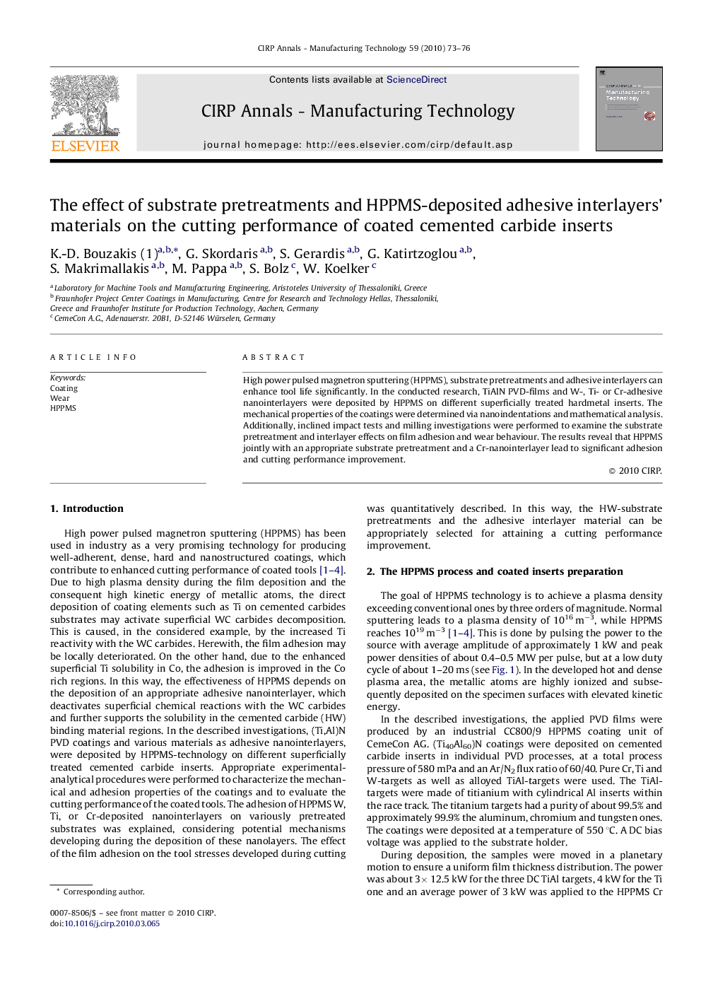 The effect of substrate pretreatments and HPPMS-deposited adhesive interlayers' materials on the cutting performance of coated cemented carbide inserts