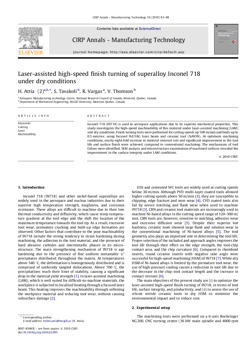 Laser-assisted high-speed finish turning of superalloy Inconel 718 under dry conditions