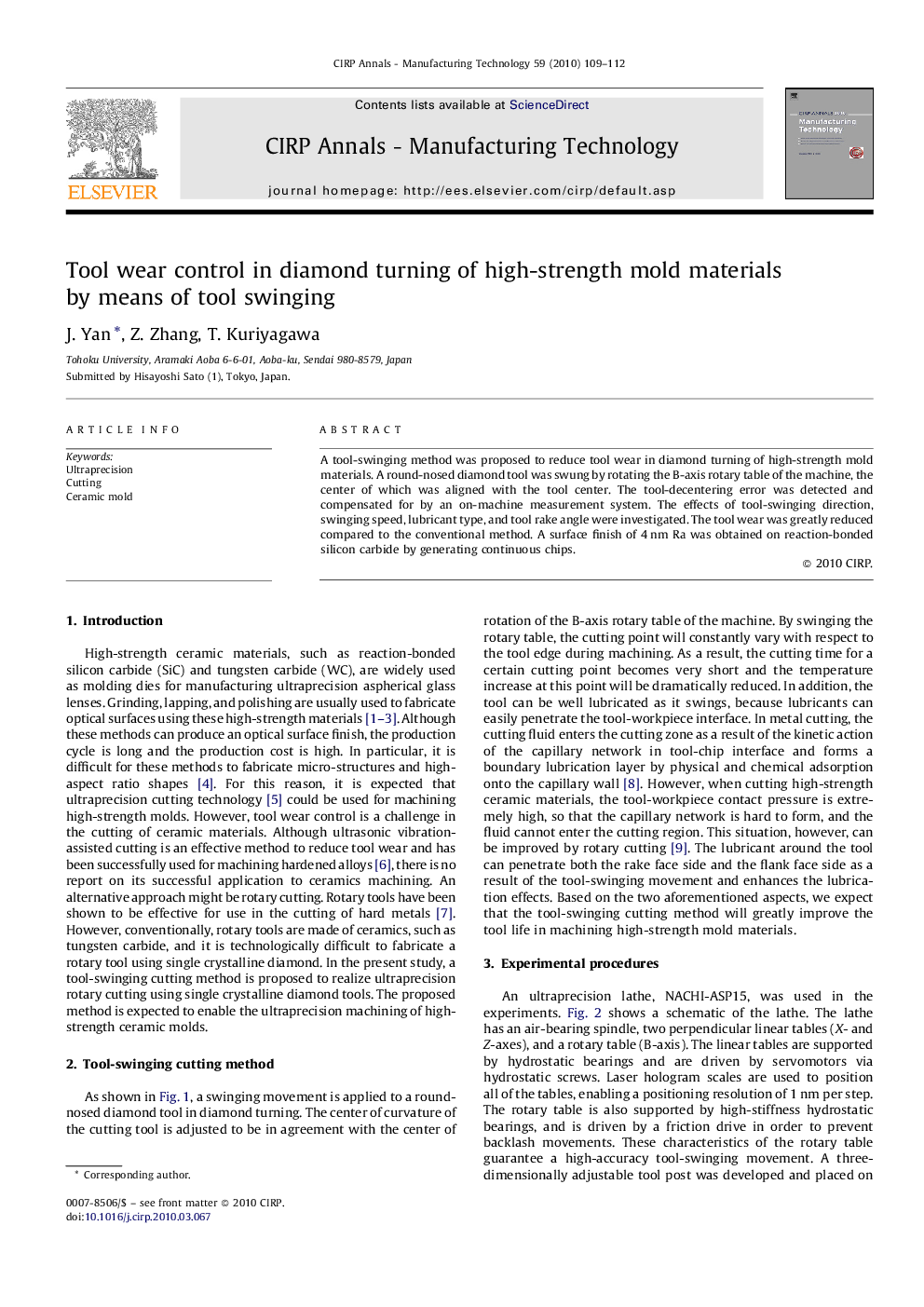 Tool wear control in diamond turning of high-strength mold materials by means of tool swinging