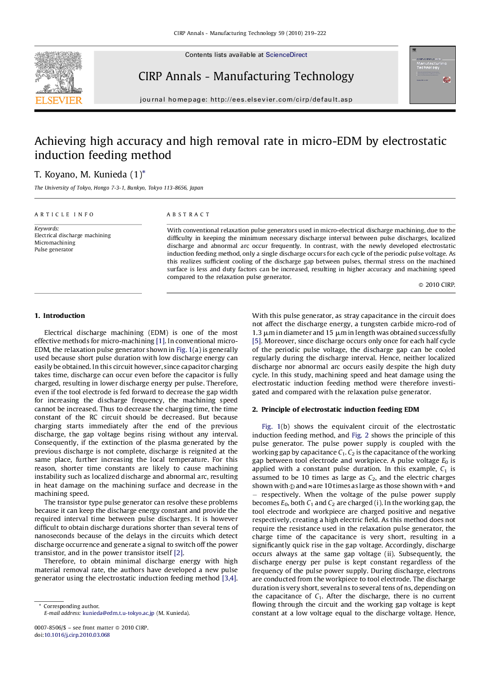 Achieving high accuracy and high removal rate in micro-EDM by electrostatic induction feeding method