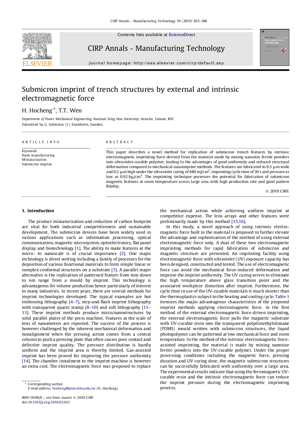 Submicron imprint of trench structures by external and intrinsic electromagnetic force