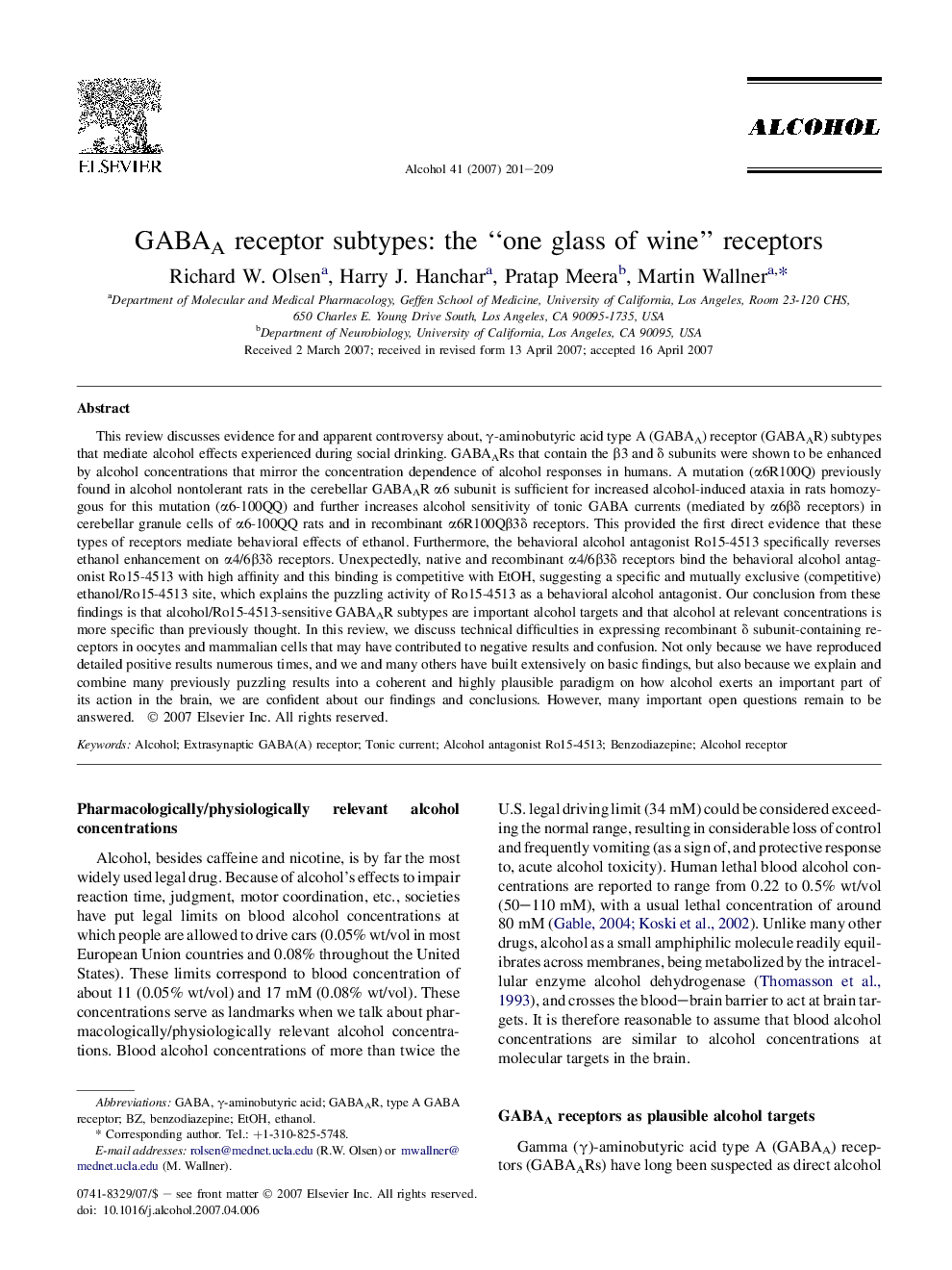 GABAA receptor subtypes: the “one glass of wine” receptors