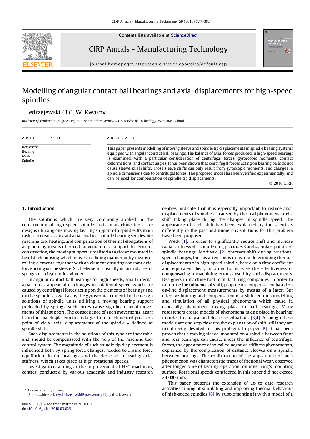 Modelling of angular contact ball bearings and axial displacements for high-speed spindles