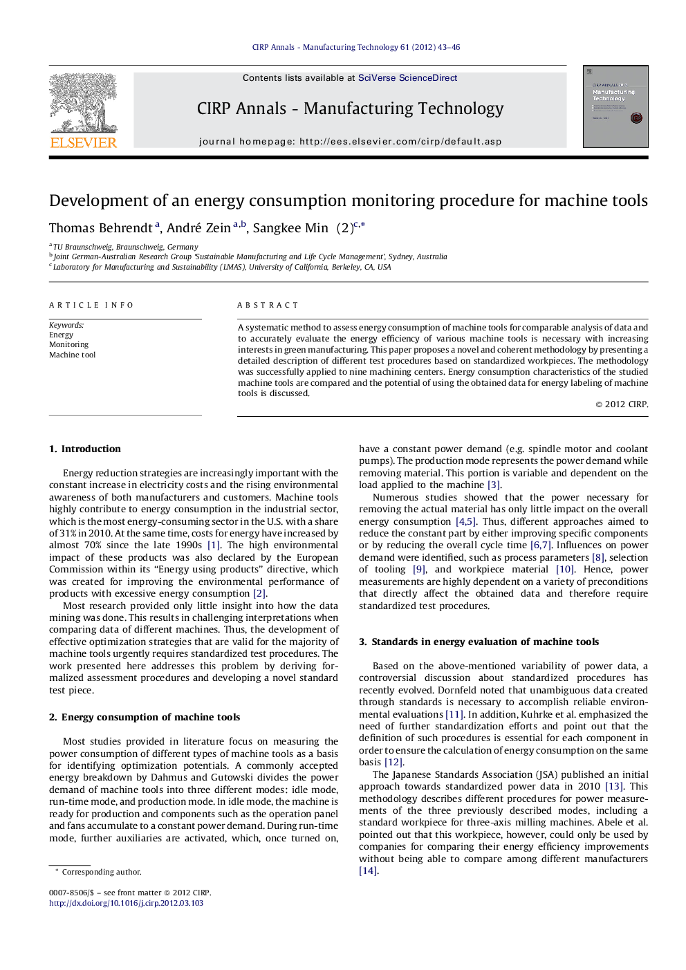 Development of an energy consumption monitoring procedure for machine tools