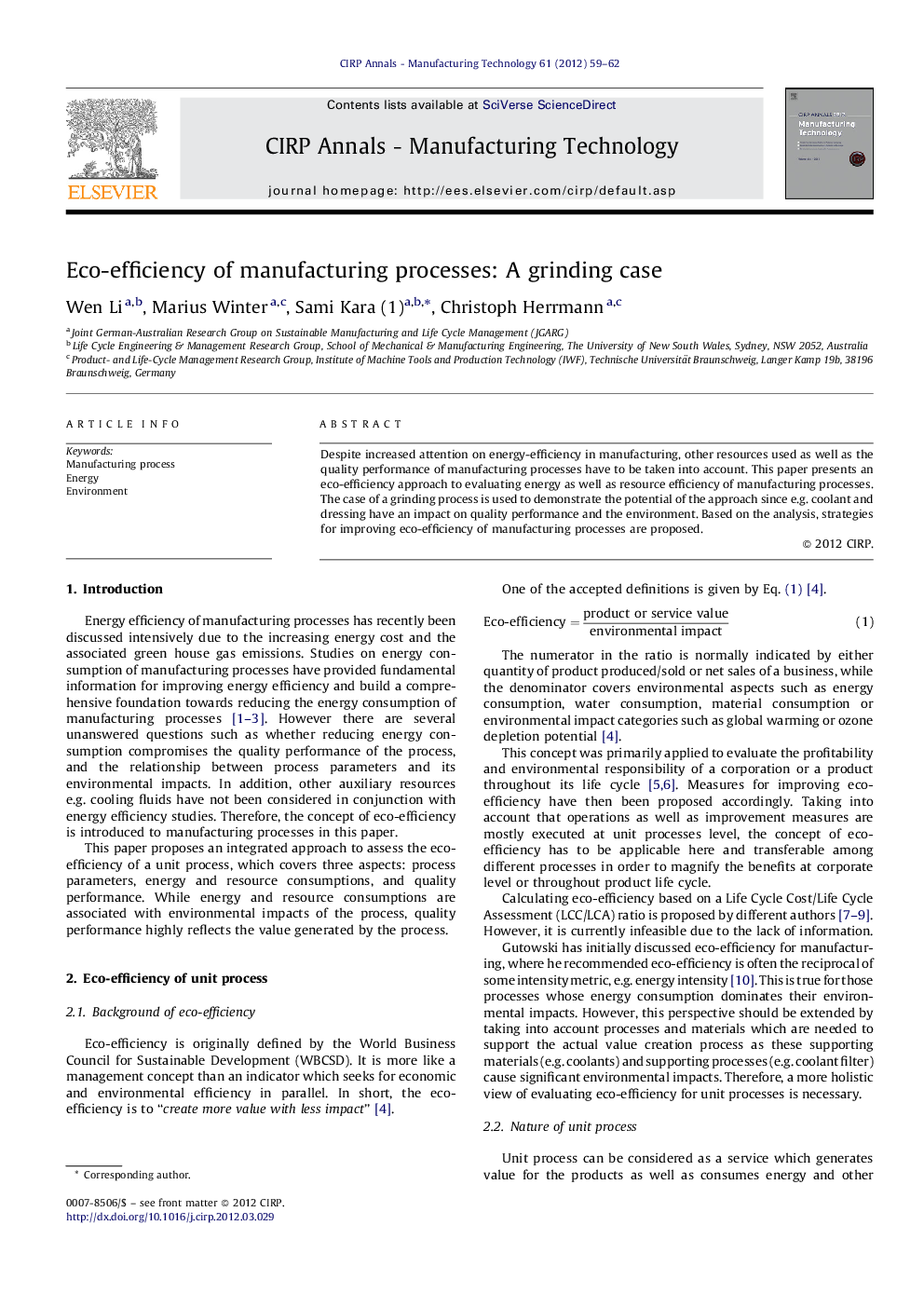 Eco-efficiency of manufacturing processes: A grinding case