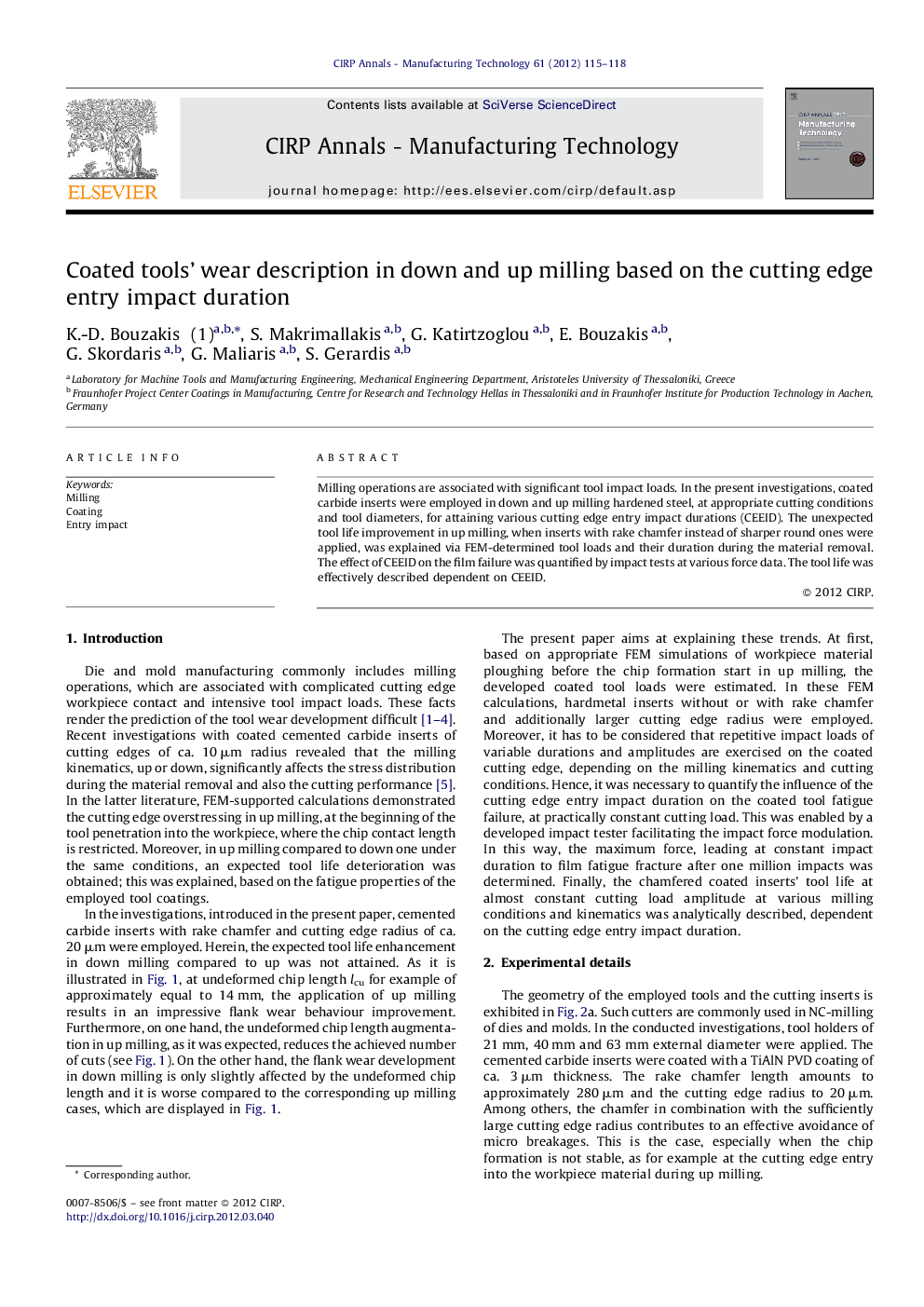 Coated tools' wear description in down and up milling based on the cutting edge entry impact duration