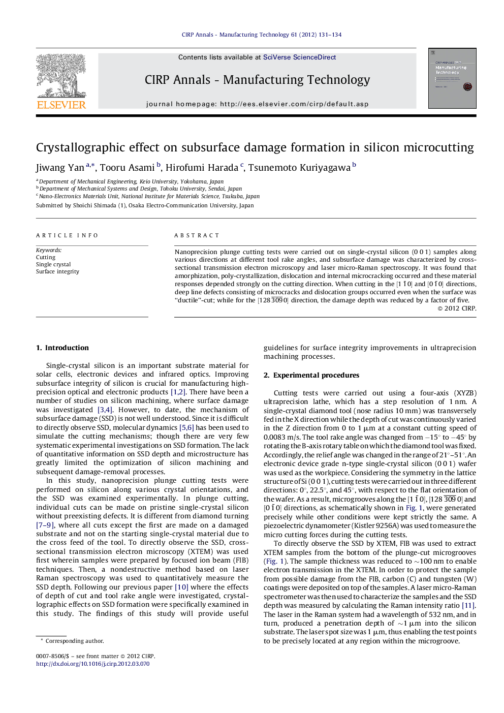 Crystallographic effect on subsurface damage formation in silicon microcutting