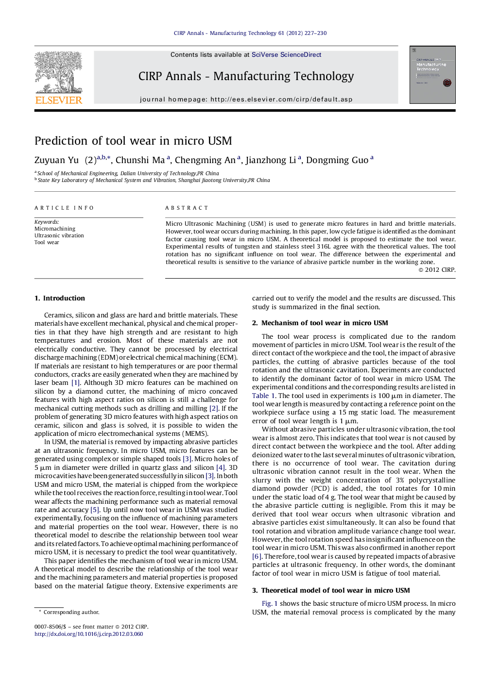 Prediction of tool wear in micro USM