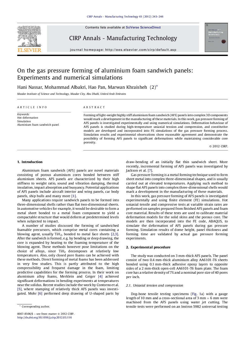 On the gas pressure forming of aluminium foam sandwich panels: Experiments and numerical simulations