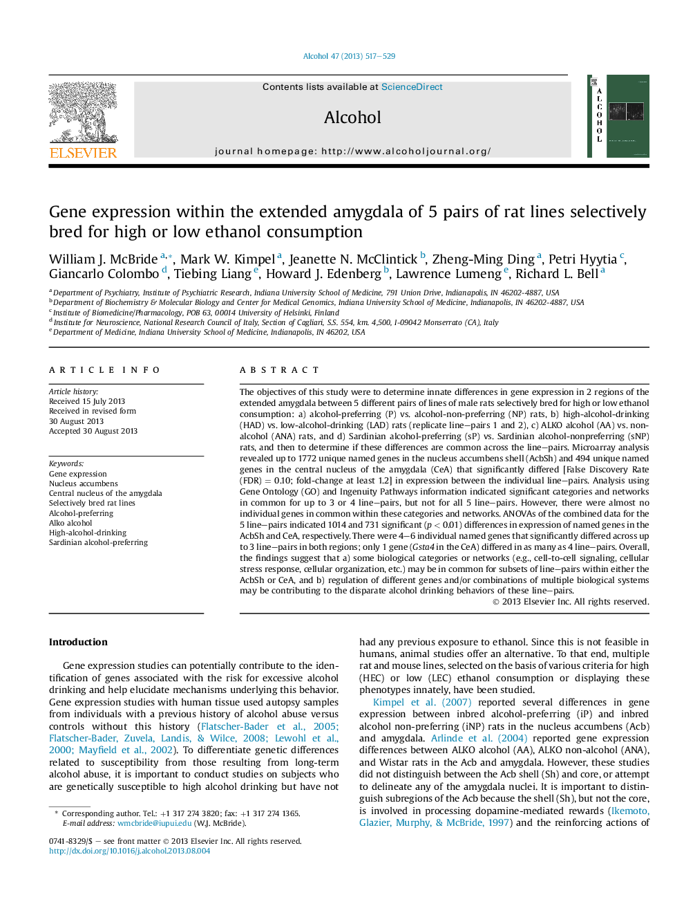 Gene expression within the extended amygdala of 5 pairs of rat lines selectively bred for high or low ethanol consumption