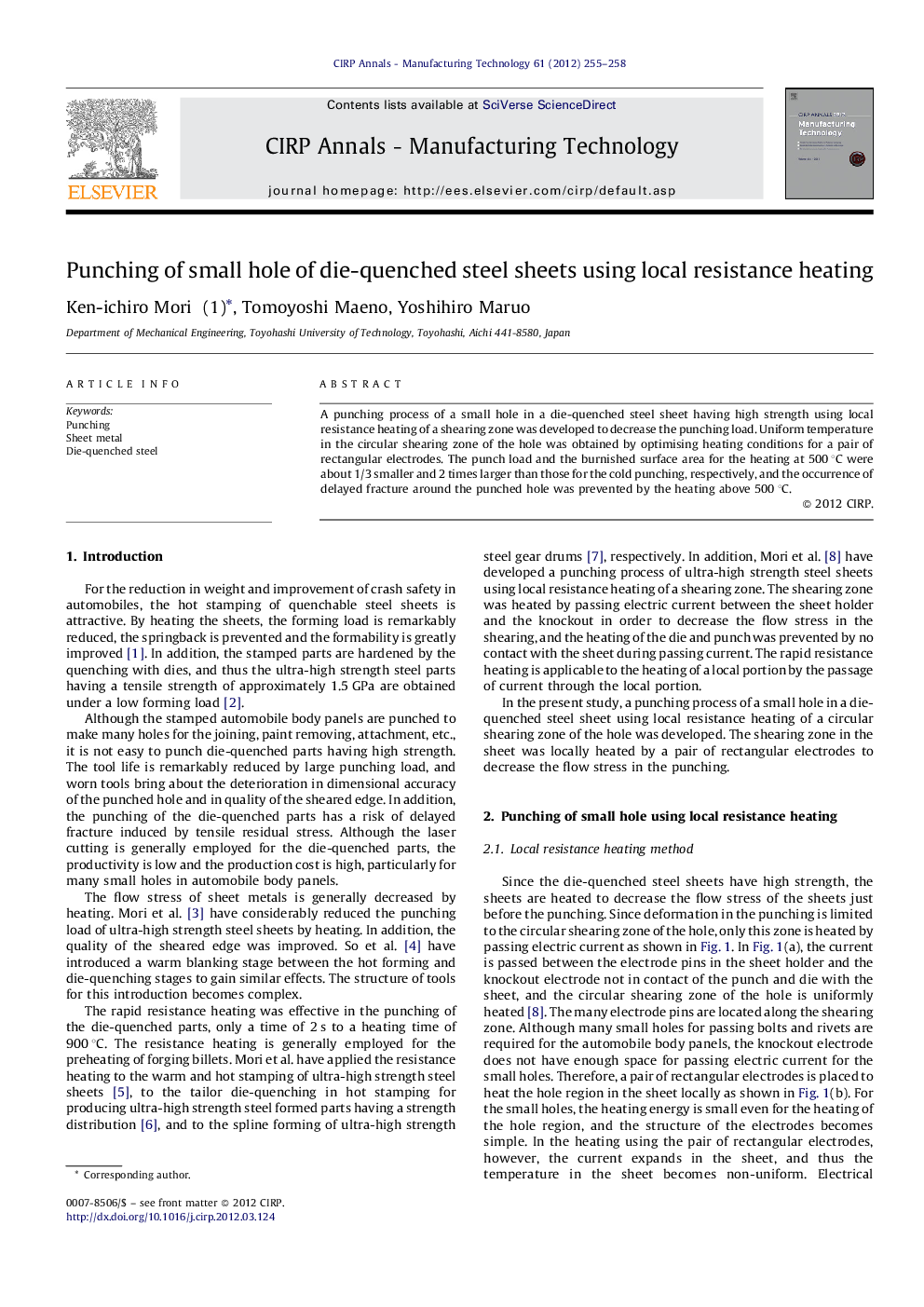 Punching of small hole of die-quenched steel sheets using local resistance heating