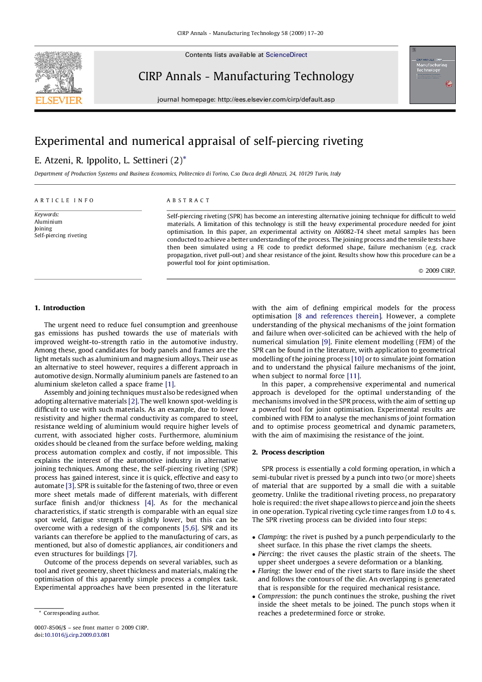 Experimental and numerical appraisal of self-piercing riveting