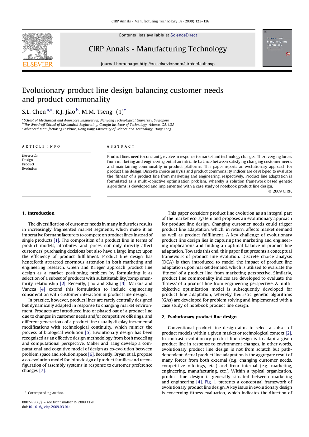 Evolutionary product line design balancing customer needs and product commonality