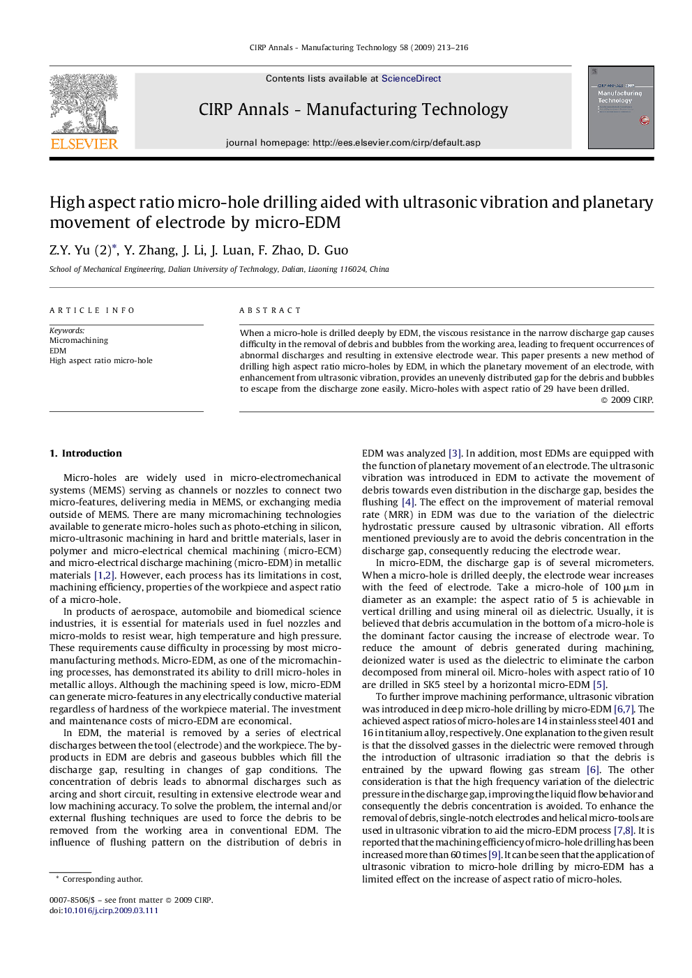 High aspect ratio micro-hole drilling aided with ultrasonic vibration and planetary movement of electrode by micro-EDM