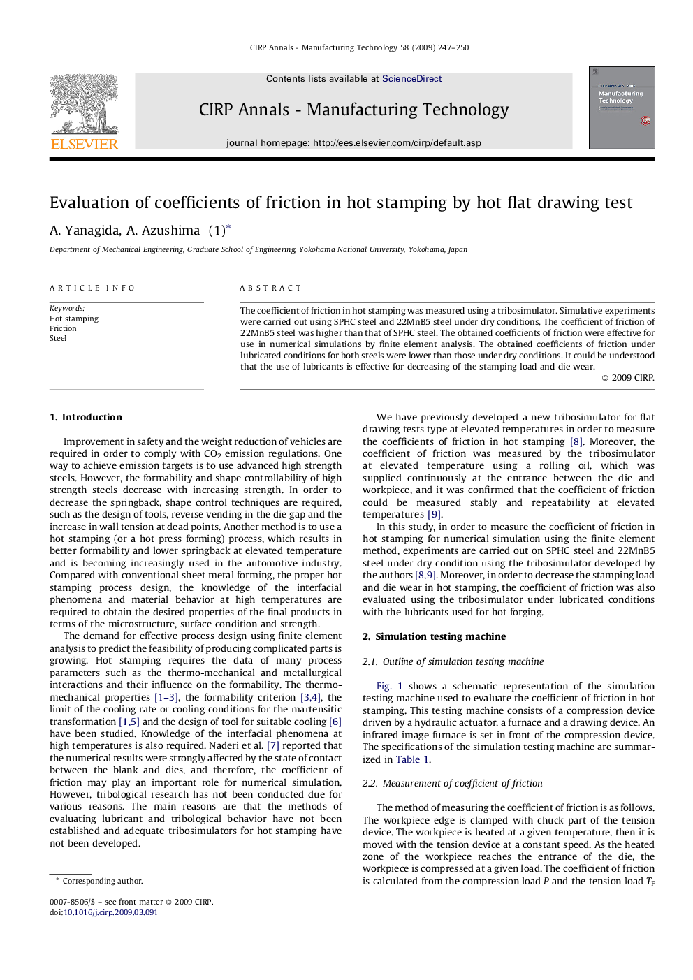 Evaluation of coefficients of friction in hot stamping by hot flat drawing test