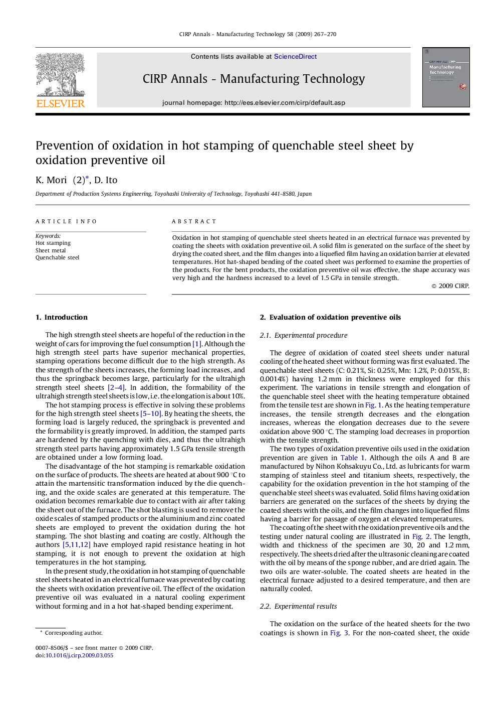 Prevention of oxidation in hot stamping of quenchable steel sheet by oxidation preventive oil