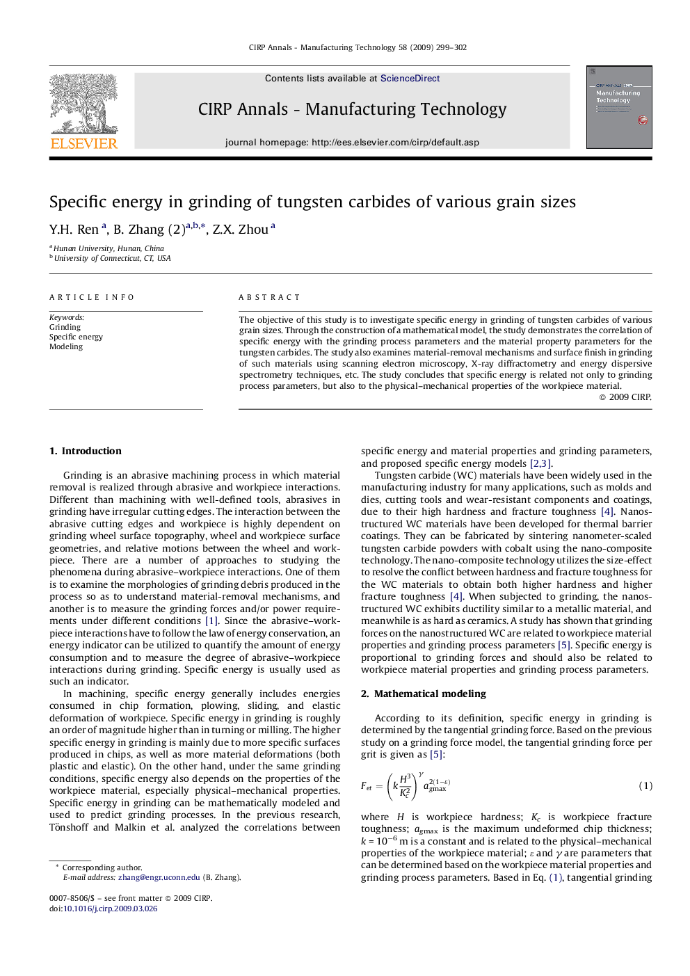 Specific energy in grinding of tungsten carbides of various grain sizes