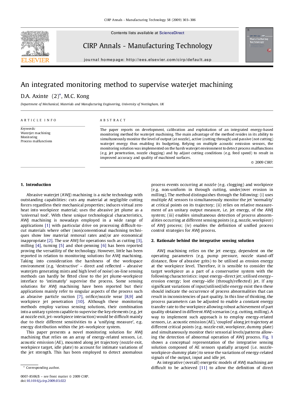 An integrated monitoring method to supervise waterjet machining