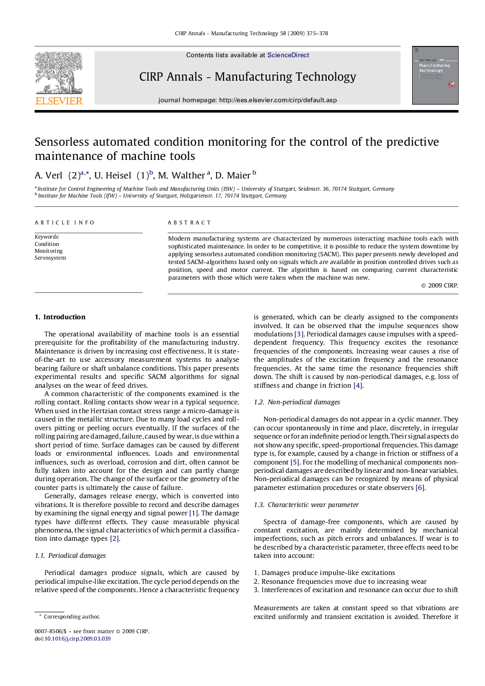 Sensorless automated condition monitoring for the control of the predictive maintenance of machine tools