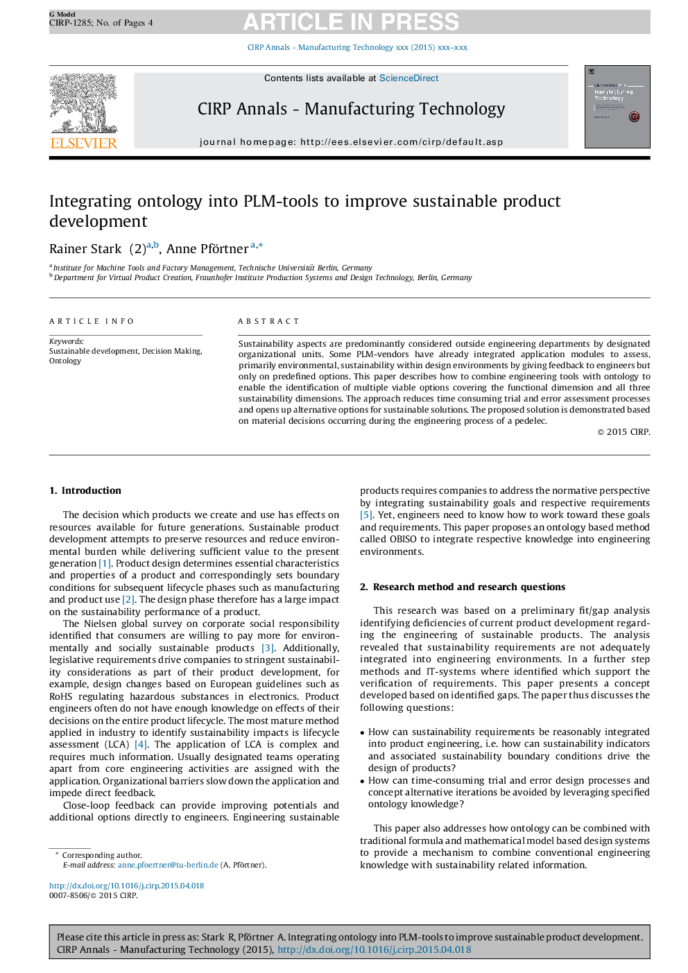 Integrating ontology into PLM-tools to improve sustainable product development