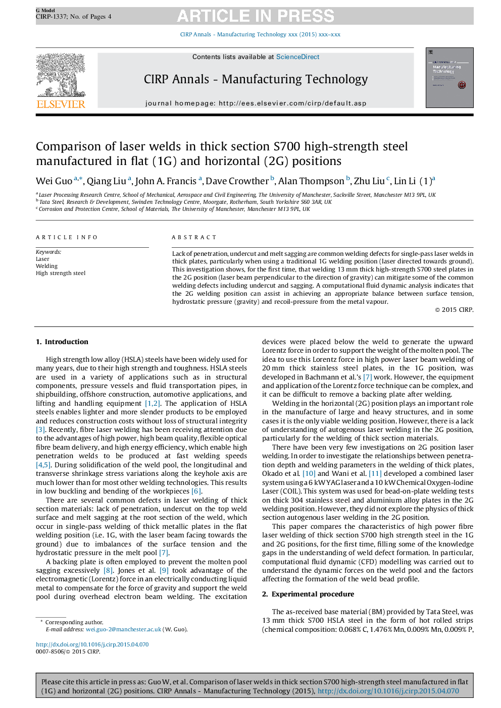 عکس صفحه اول مقاله: Comparison of laser welds in thick section S700 high-strength steel manufactured in flat (1G) and horizontal (2G) positions Comparison of laser welds in thick section S700 high-strength steel manufactured in flat (1G) and horizontal (2G) positions