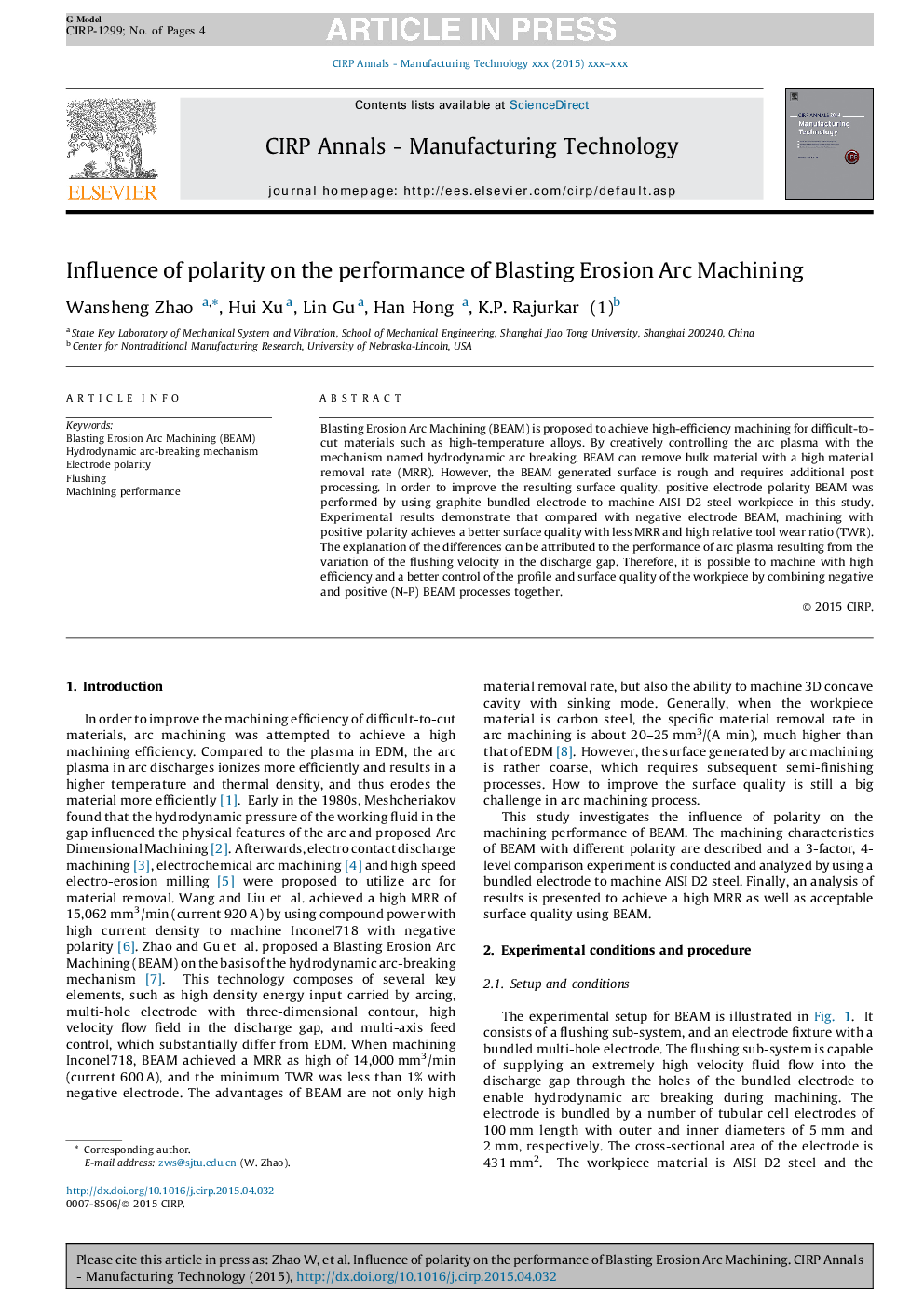 Influence of polarity on the performance of Blasting Erosion Arc Machining