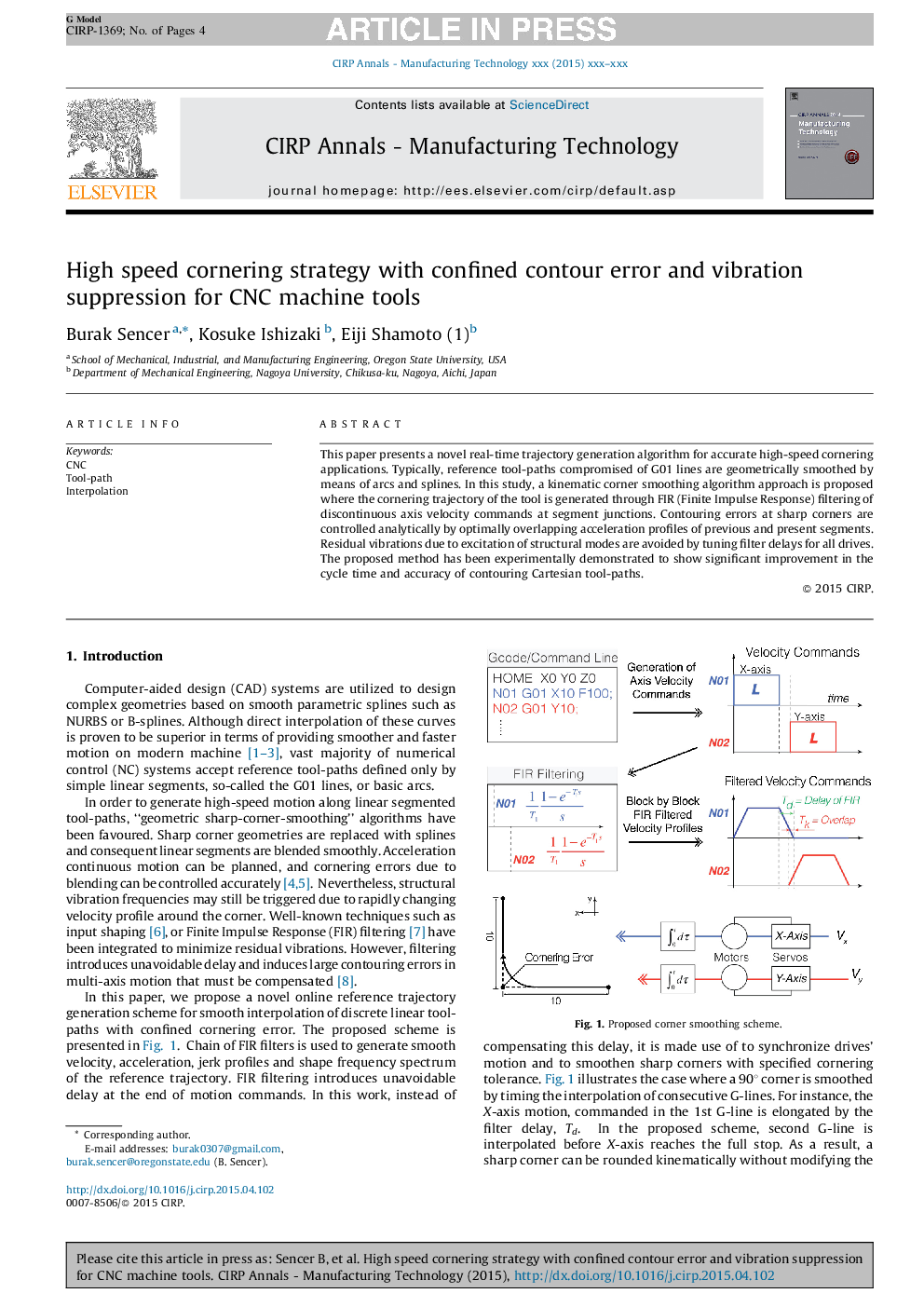 High speed cornering strategy with confined contour error and vibration suppression for CNC machine tools