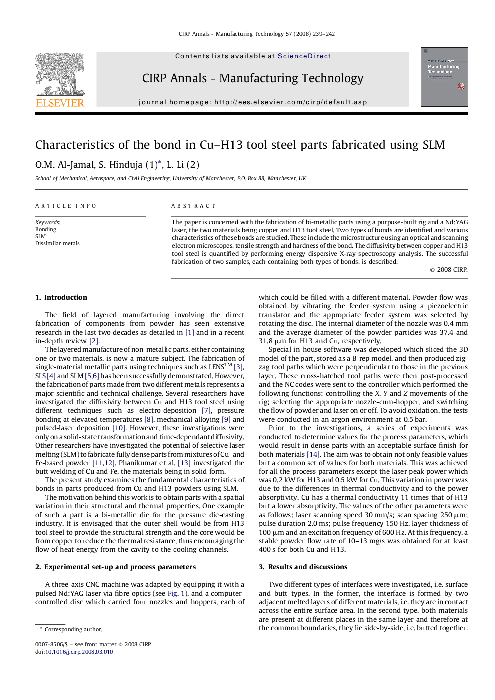 Characteristics of the bond in Cu-H13 tool steel parts fabricated using SLM