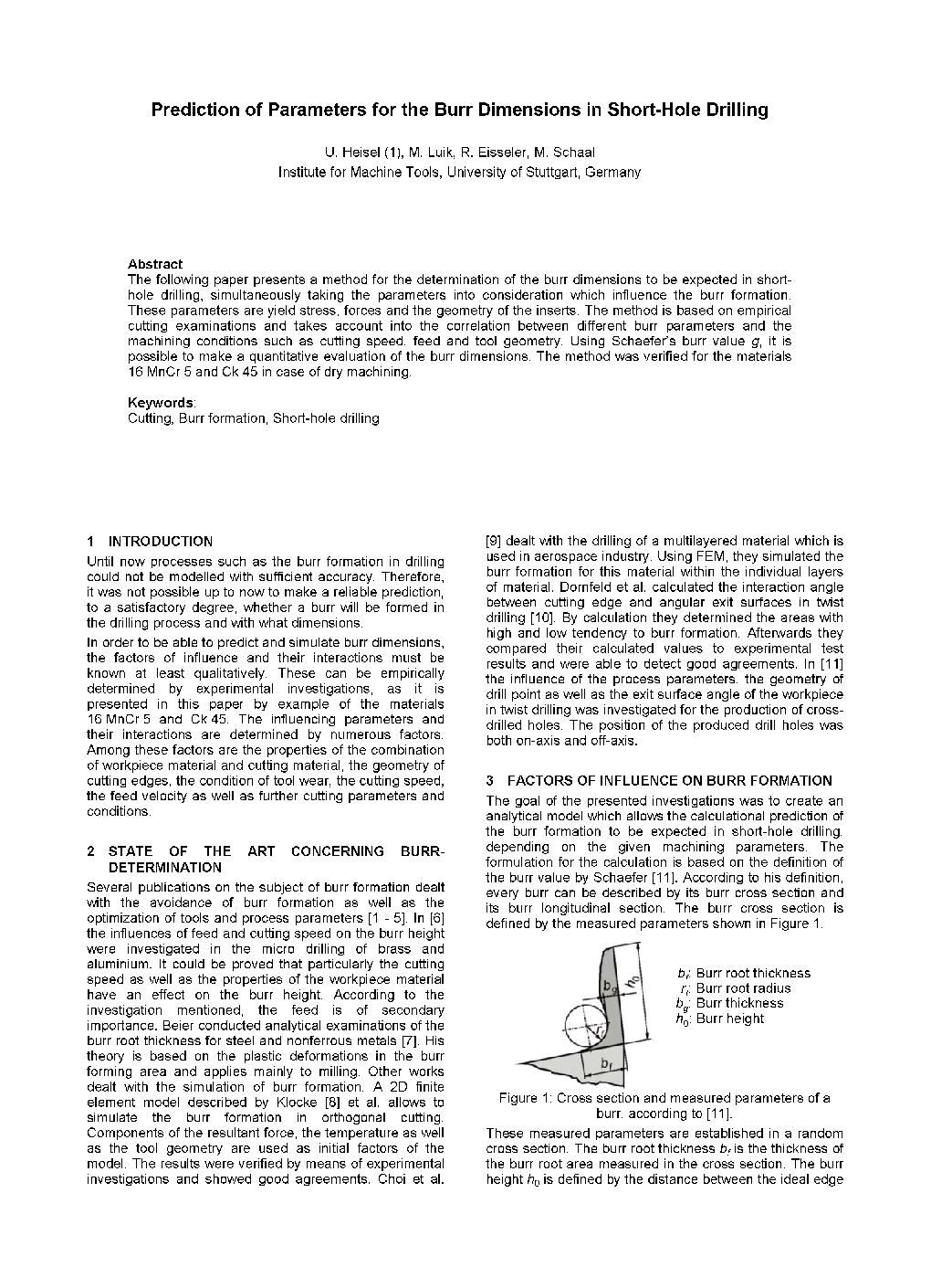 Prediction of Parameters for the Burr Dimensions in Short-Hole Drilling