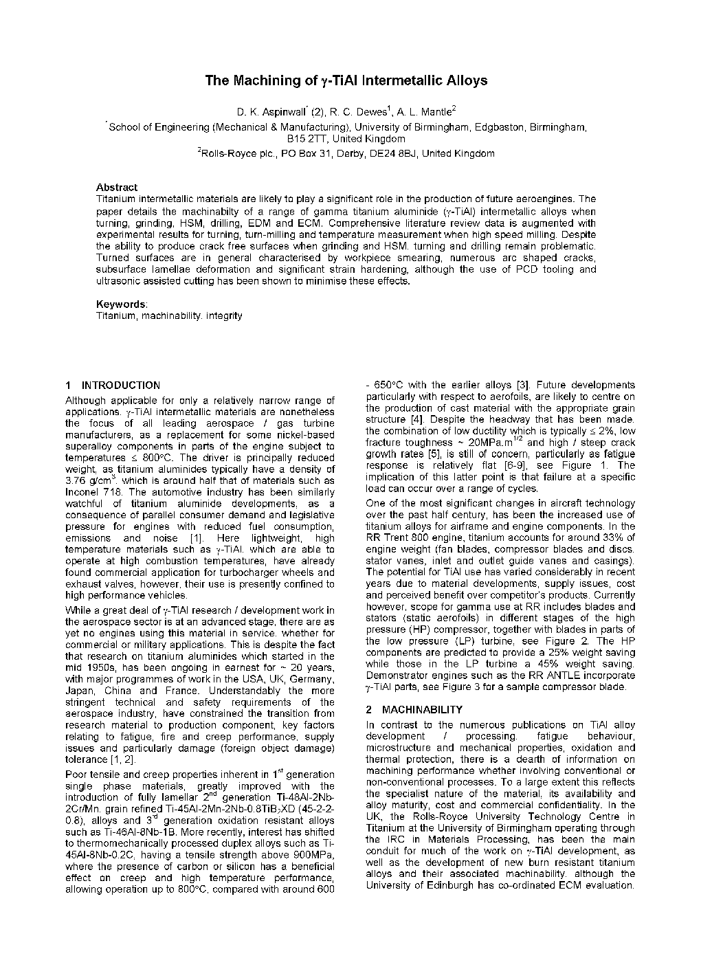 The Machining of Î³-TiAI Intermetallic Alloys