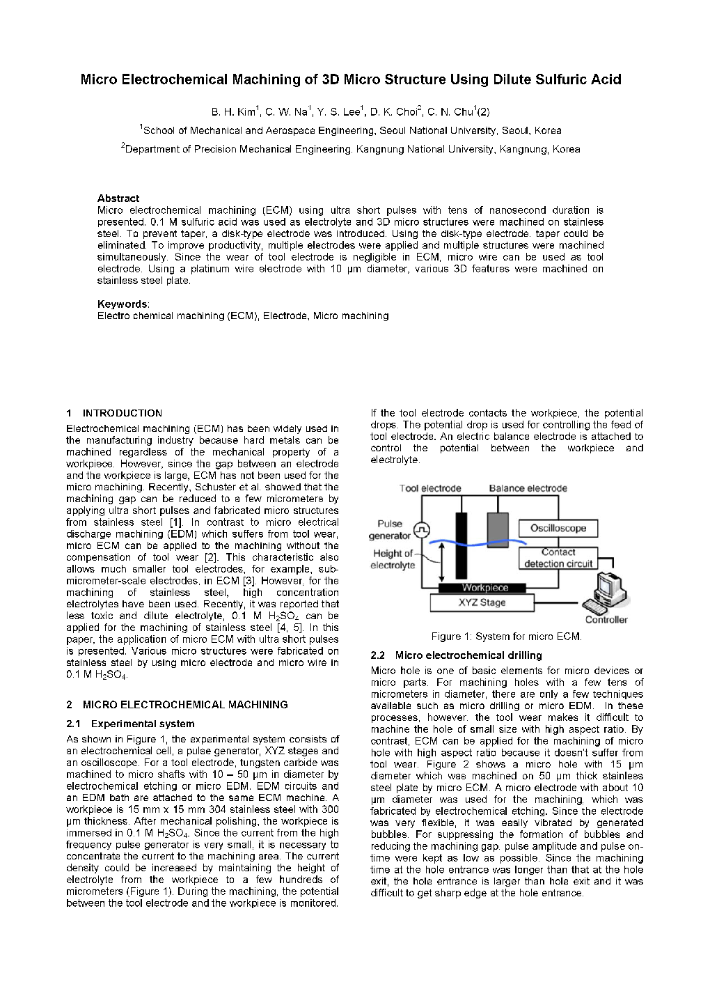 Micro Electrochemical Machining of 3D Micro Structure Using Dilute Sulfuric Acid