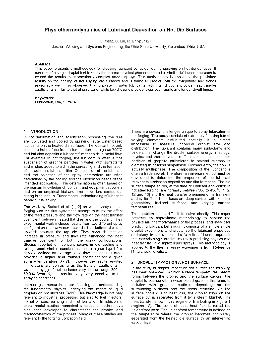 Physiothermodynamics of Lubricant Deposition on Hot Die Surfaces