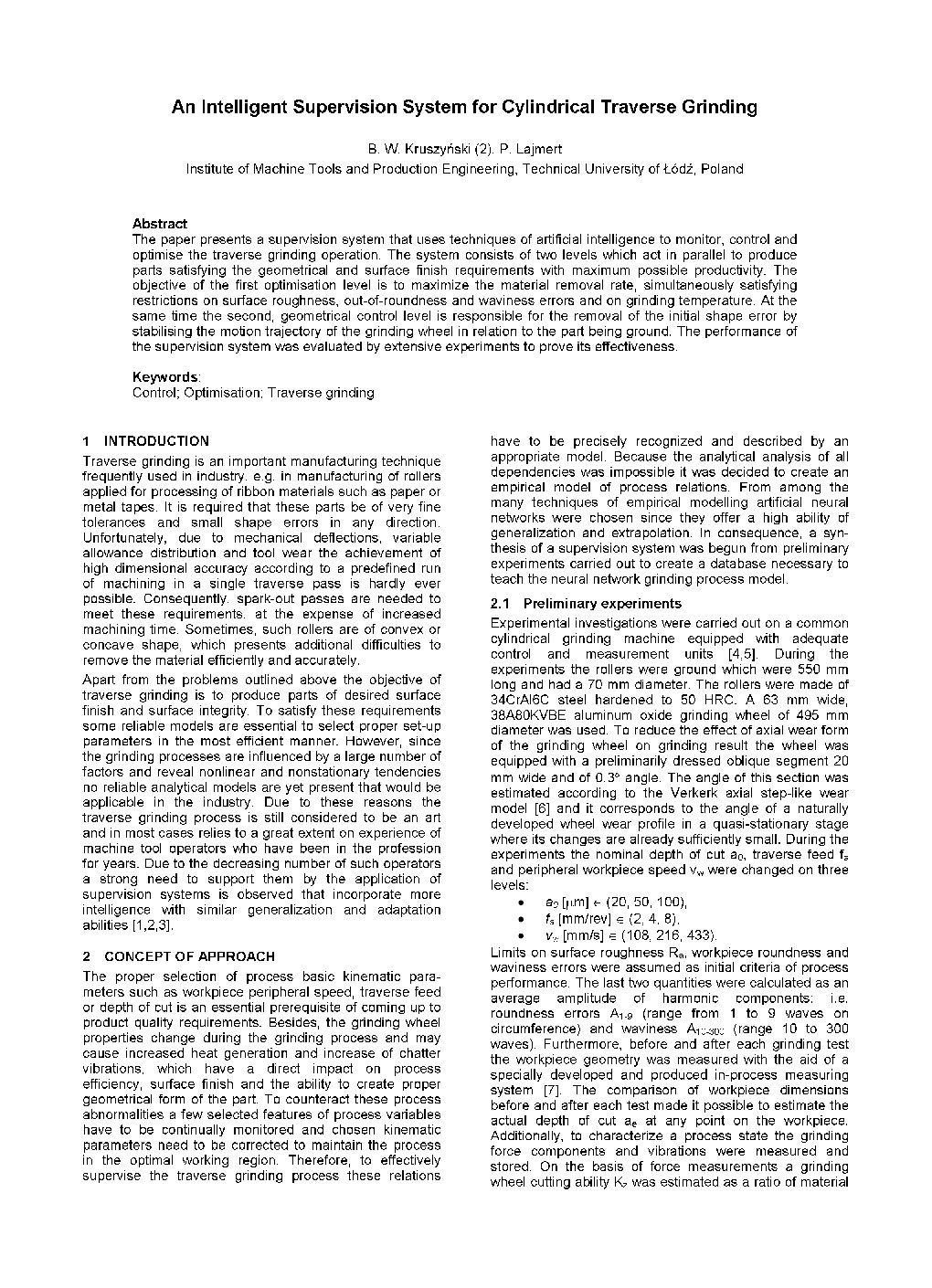 An Intelligent Supervision System for Cylindrical Traverse Grinding