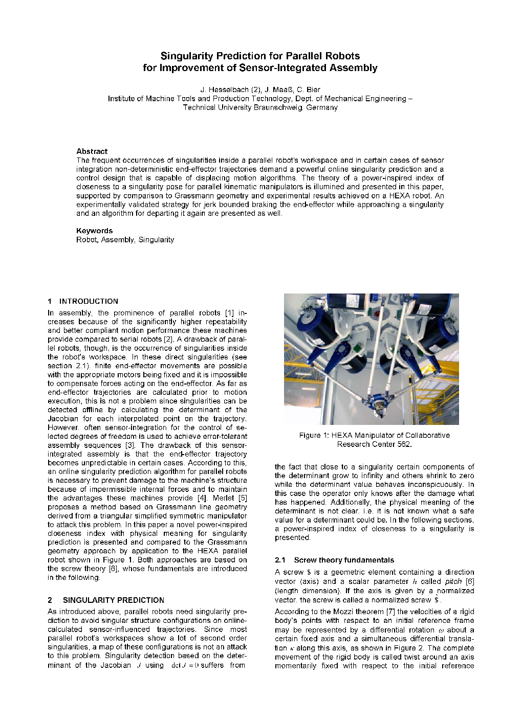 Singularity Prediction for Parallel Robots for Improvement of Sensor-Integrated Assembly