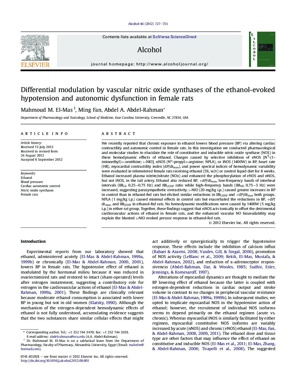 Differential modulation by vascular nitric oxide synthases of the ethanol-evoked hypotension and autonomic dysfunction in female rats