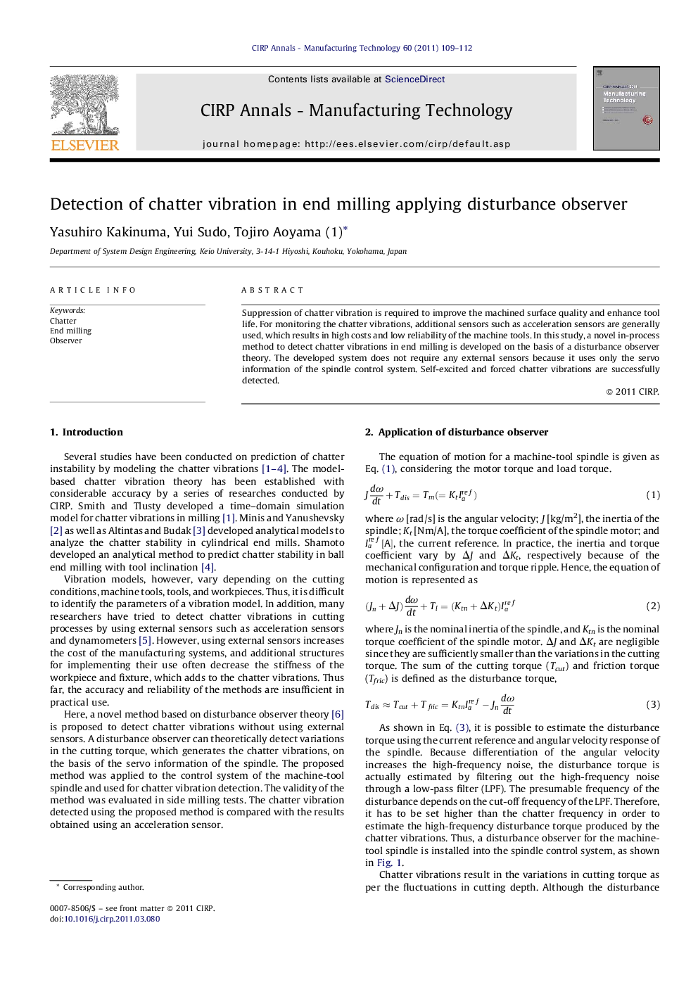 Detection of chatter vibration in end milling applying disturbance observer