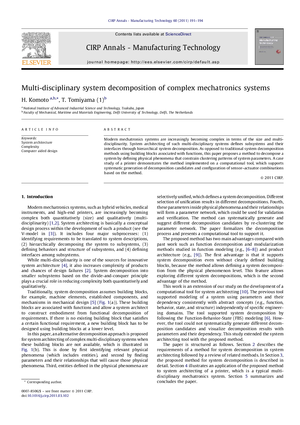 Multi-disciplinary system decomposition of complex mechatronics systems