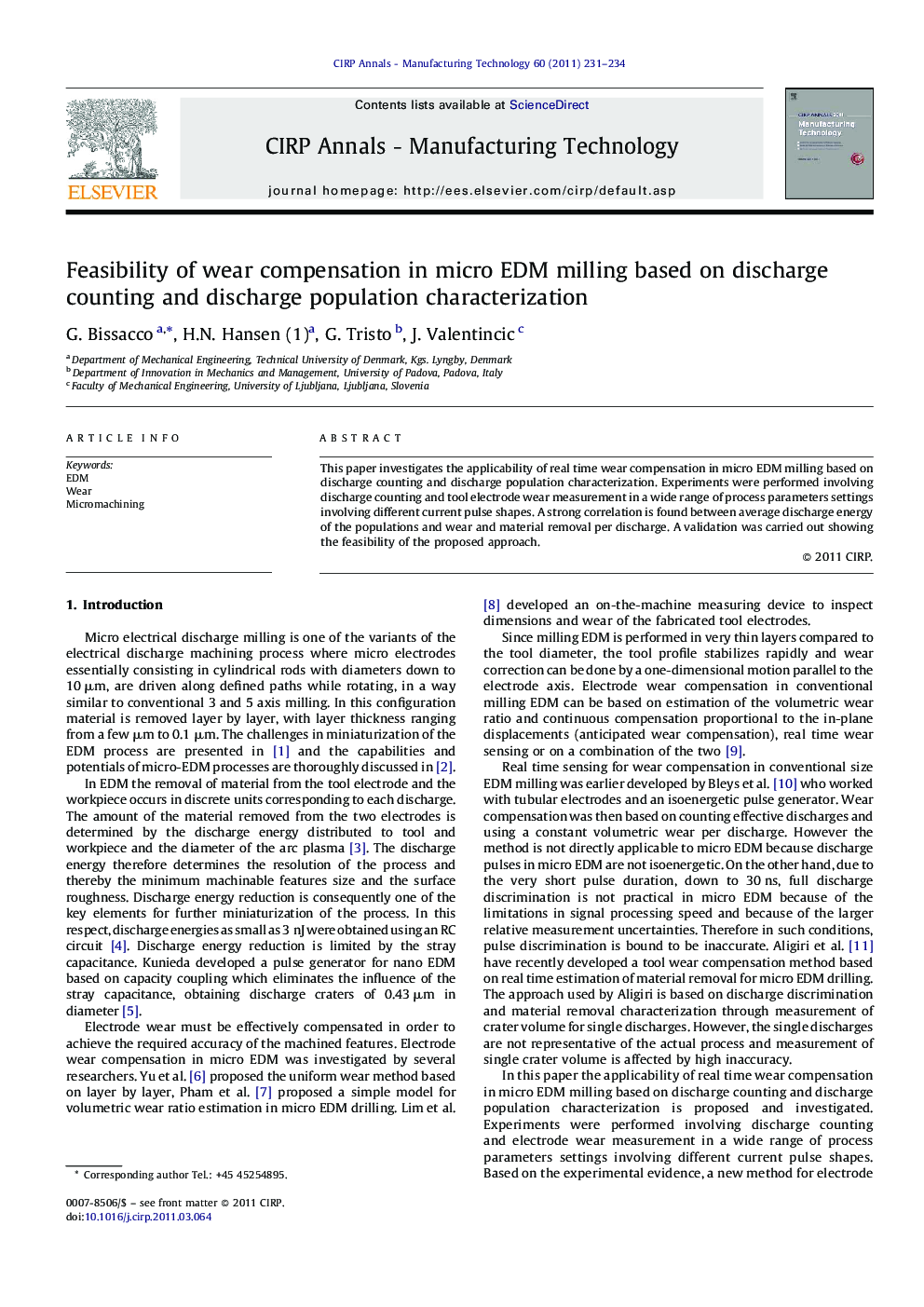 Feasibility of wear compensation in micro EDM milling based on discharge counting and discharge population characterization
