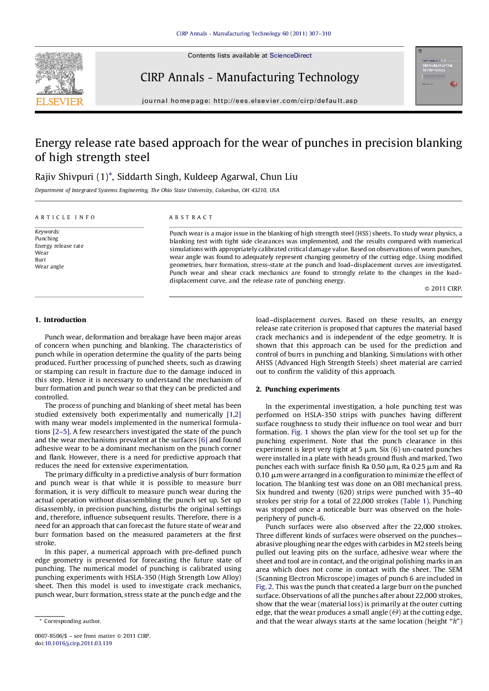 Energy release rate based approach for the wear of punches in precision blanking of high strength steel