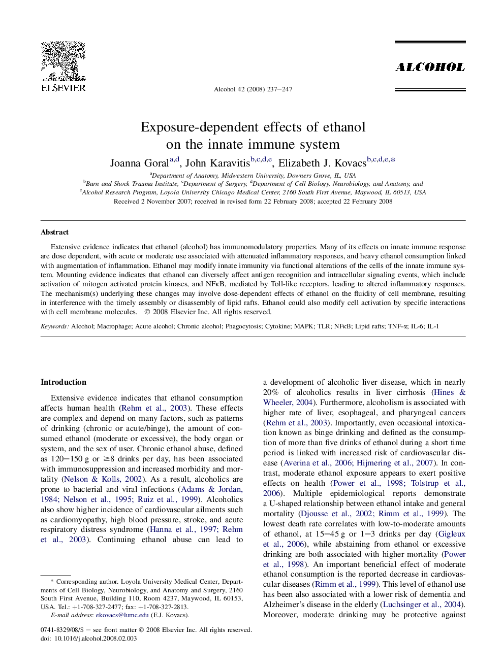 Exposure-dependent effects of ethanol on the innate immune system