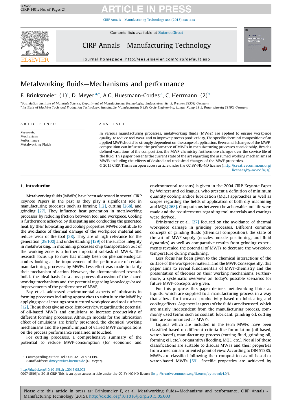 Metalworking fluids-Mechanisms and performance