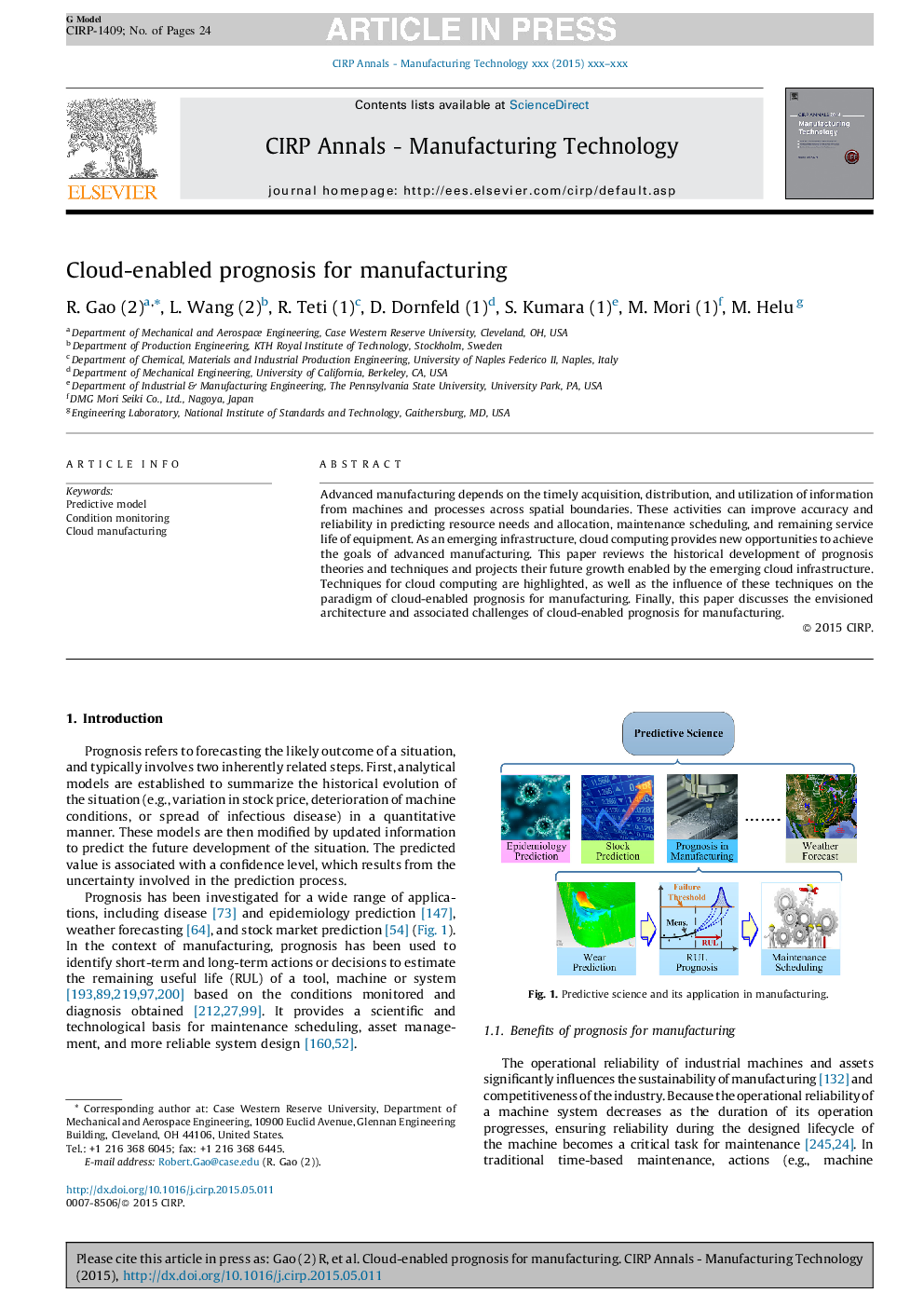 Cloud-enabled prognosis for manufacturing