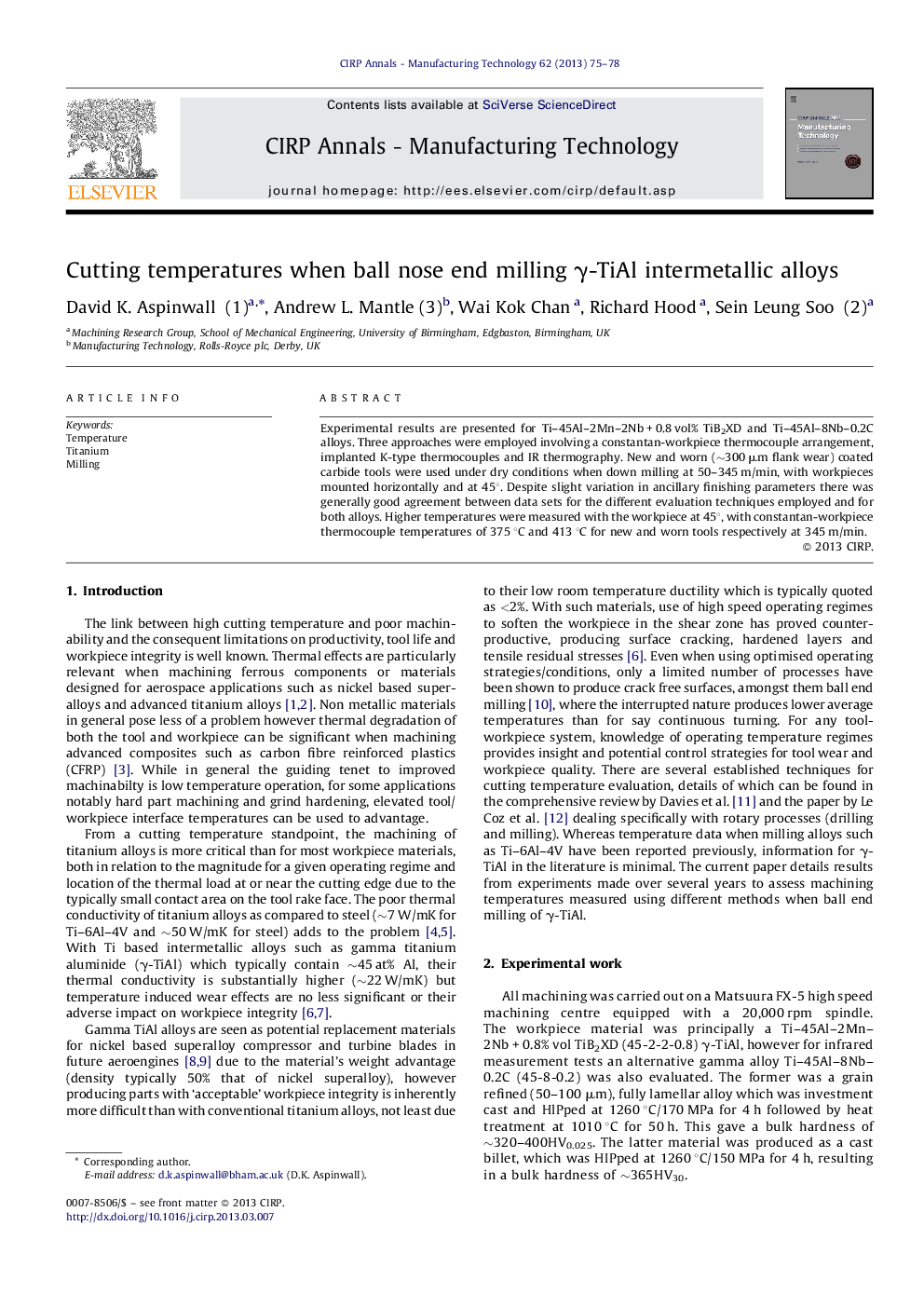 Cutting temperatures when ball nose end milling Î³-TiAl intermetallic alloys